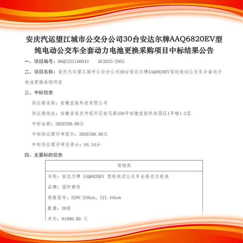 祝贺子公司安徽宜能中标安庆汽运望江城市公交达尔牌纯电动公交车全套动力电池更换项目
